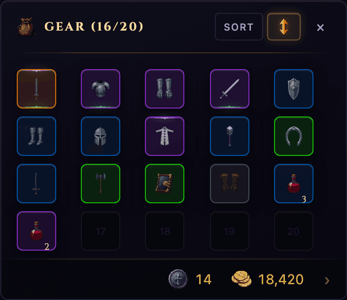 An Idle Echoes gear bag mid-run: sixteen pieces from legendary down to common, three marked as upgrades over what is equipped and two echoed off other players