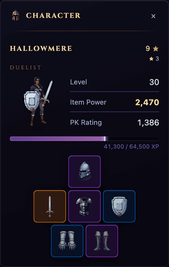 The Idle Echoes character sheet at level 30: item power 2,470, a PK rating of 1,386, and every slot filled with legendary, epic and rare gear