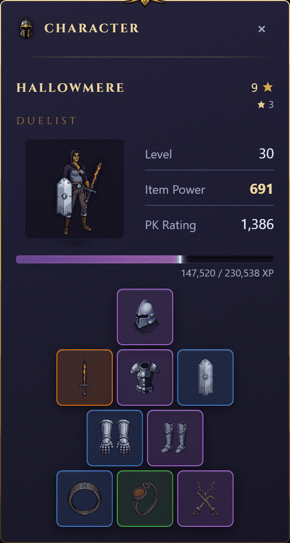 The Idle Echoes character sheet at level 30: item power 691, a PK rating of 1,386, nine conquest stars, and all nine slots filled, from a legendary sword through epic and rare armour to the rings and amulet